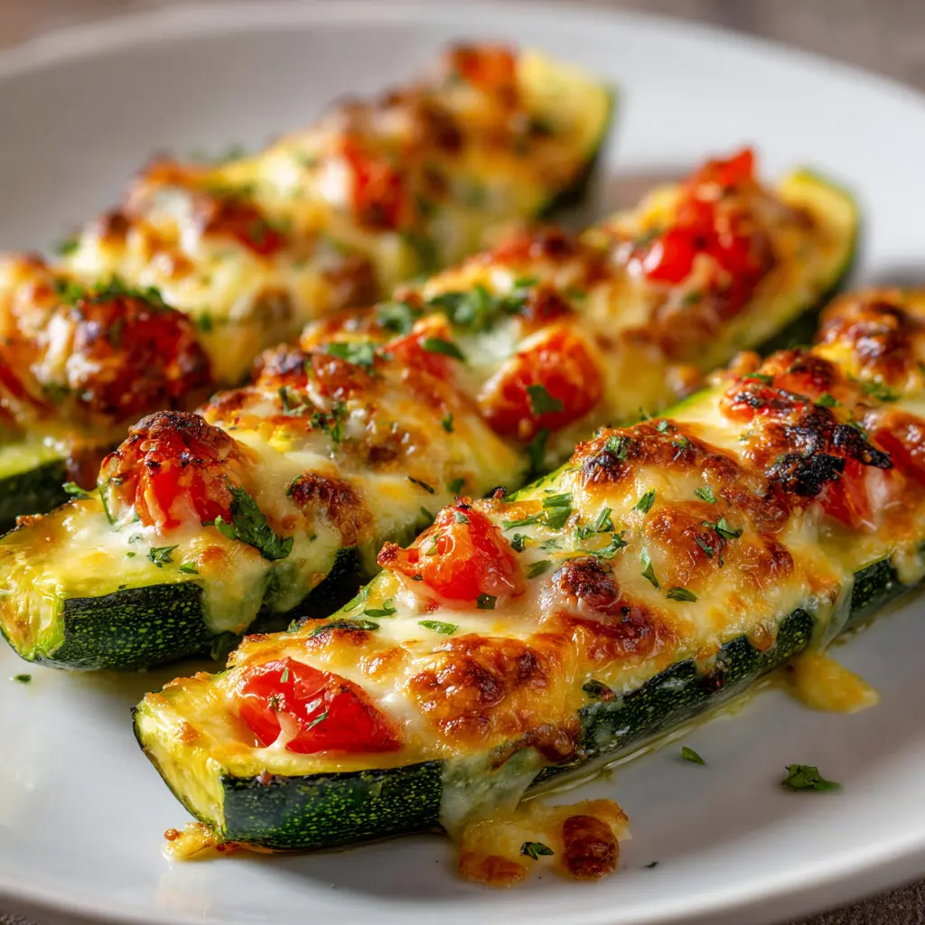 Zucchini halves stuffed with tomatoes and melted cheese, baked on a tray.