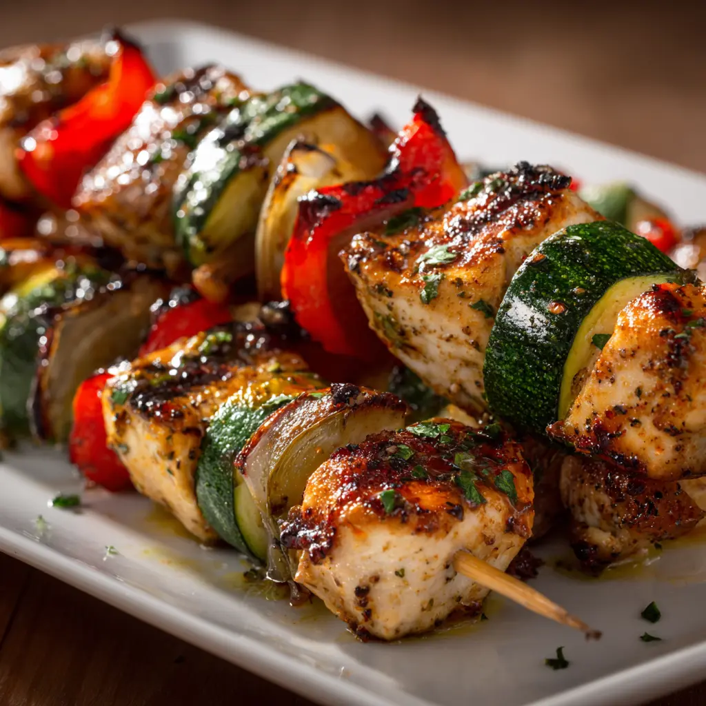 Skewers loaded with grilled chicken, zucchini, bell peppers, and onions on a white plate.