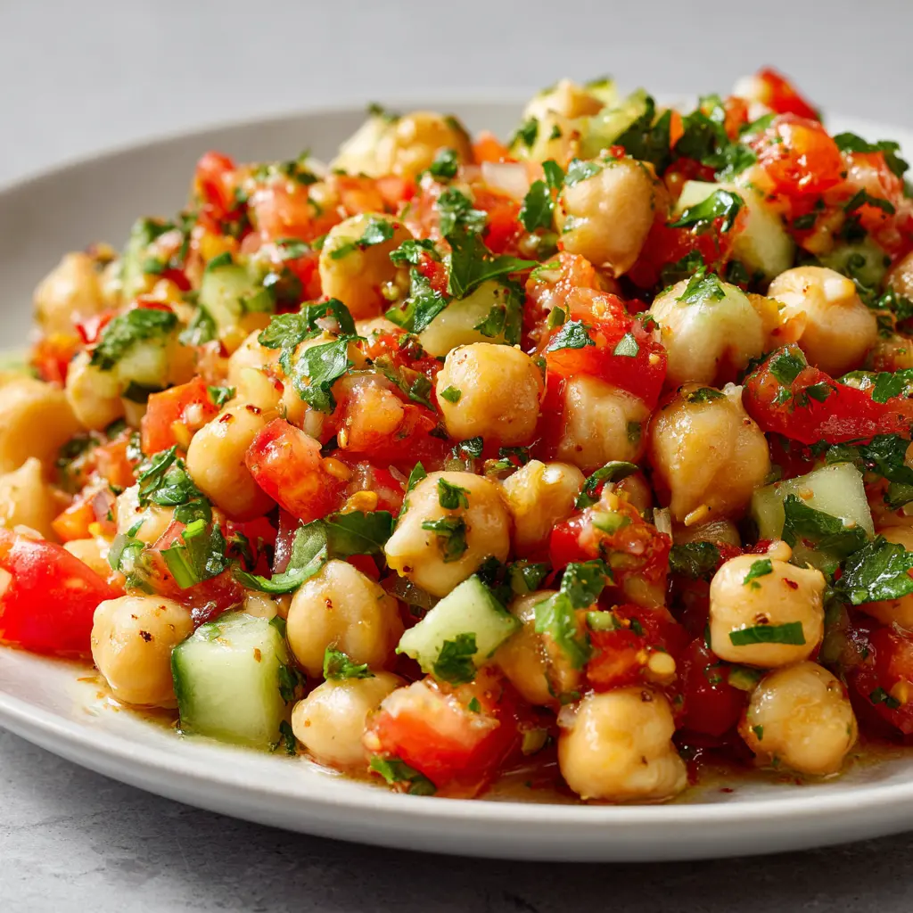 A colorful salad with chickpeas, diced tomatoes, cucumbers, and parsley in a white bowl.