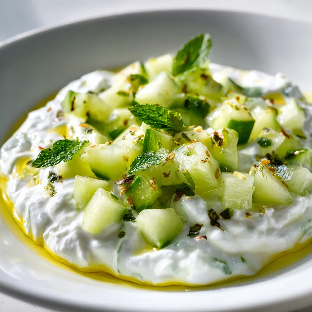 A bowl of yogurt topped with diced cucumber, herbs, and a drizzle of olive oil.