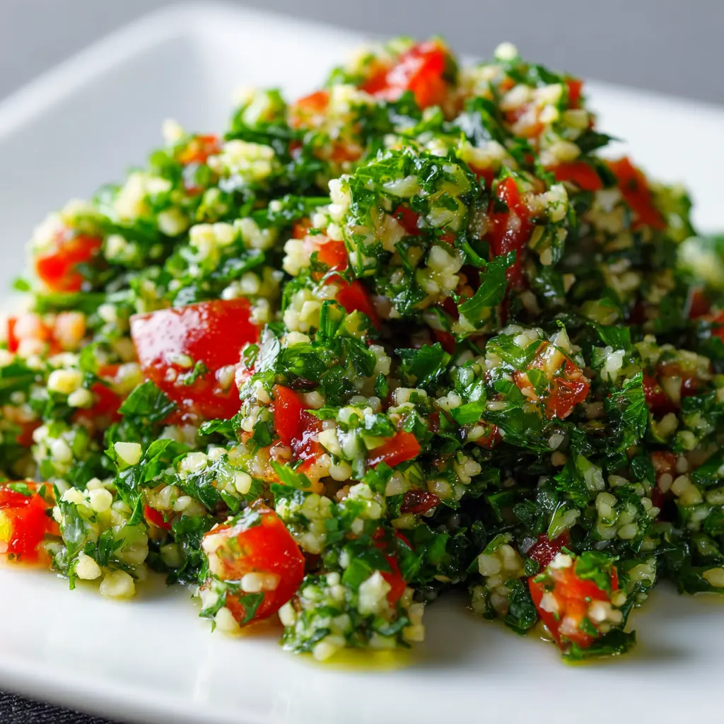A vibrant tabbouleh salad in a white bowl with parsley, tomatoes, and bulgur.