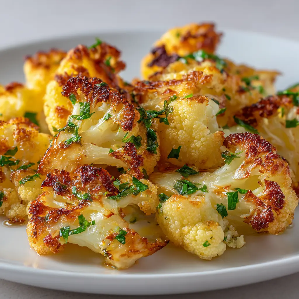 Cauliflower florets roasted with garlic and spices on a parchment-lined baking tray.