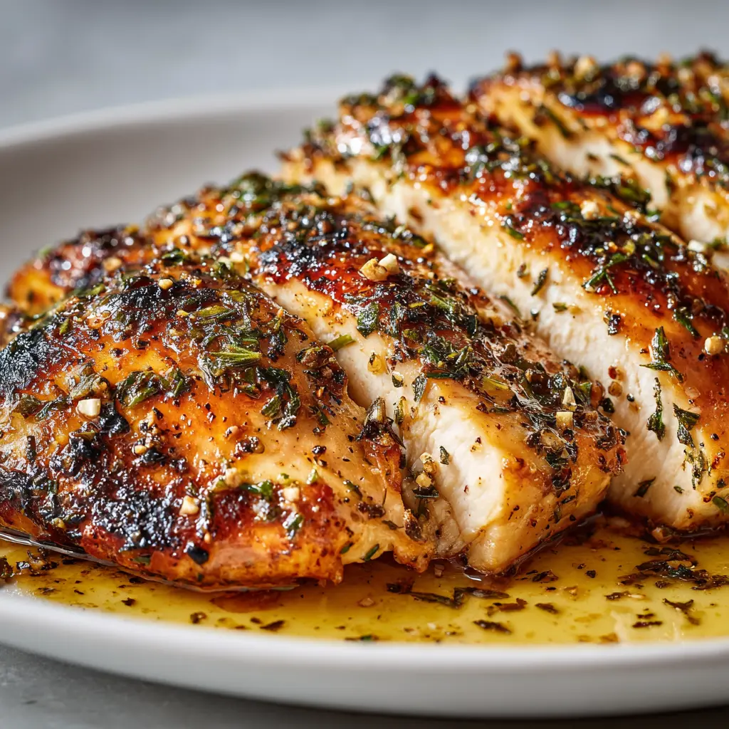 Grilled chicken breast slices with herbs and lemon on a white plate, served with a side salad.