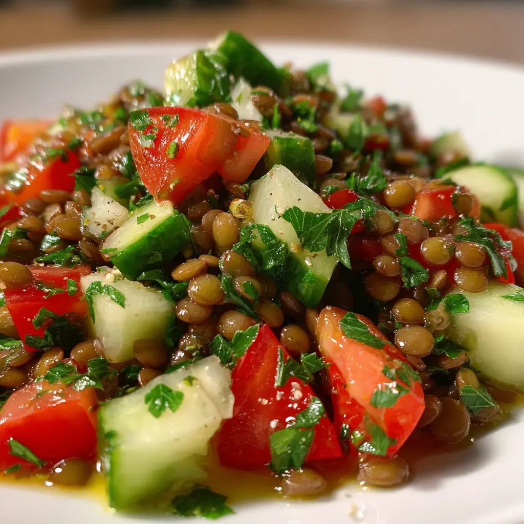 A bowl of brown lentils with diced cucumbers, tomatoes, parsley, and lemon dressing.
