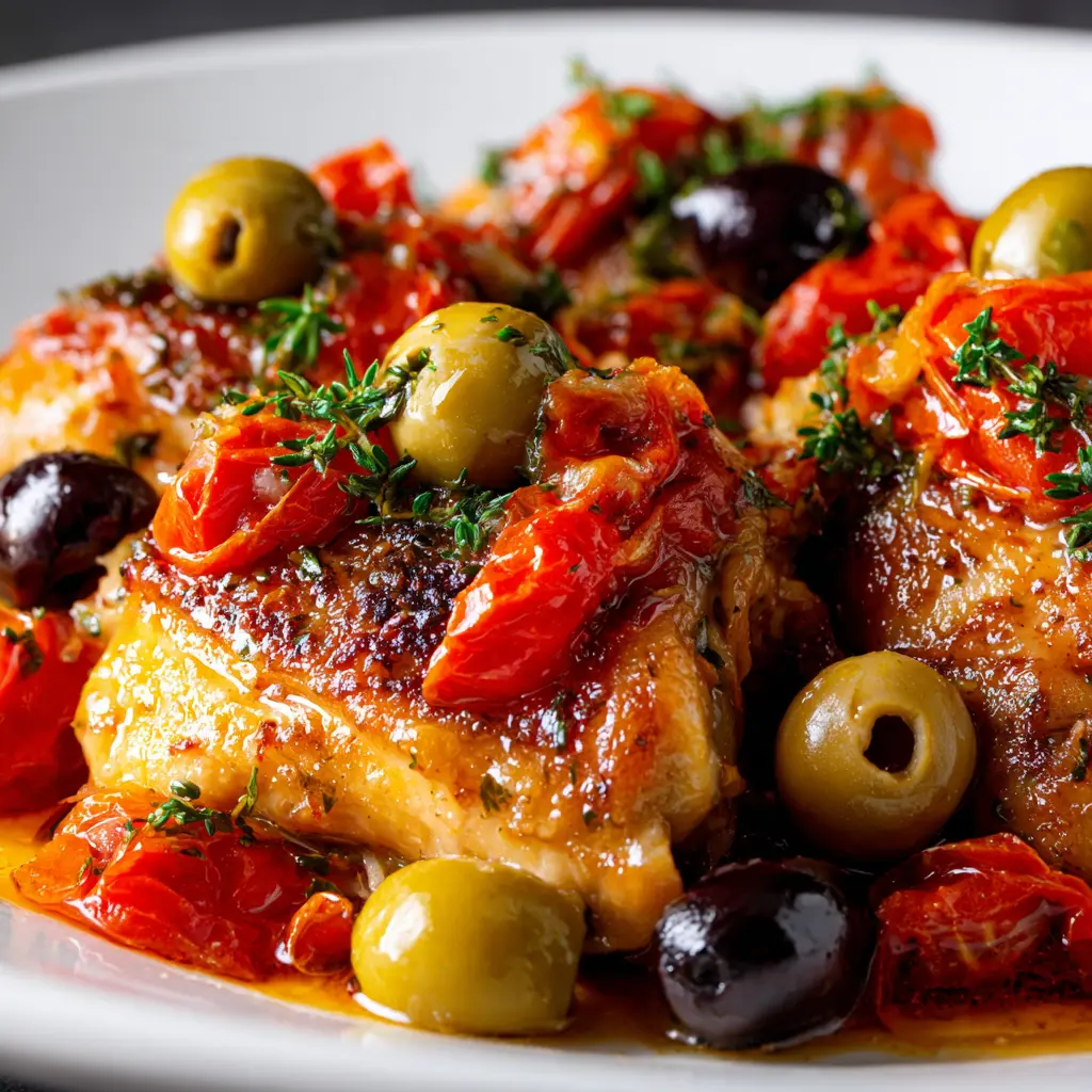 Baked chicken thighs with chopped tomatoes, olives, and herbs in a baking dish.