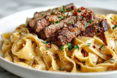 One-Pan Spicy Honey Garlic Steak Pasta recipe