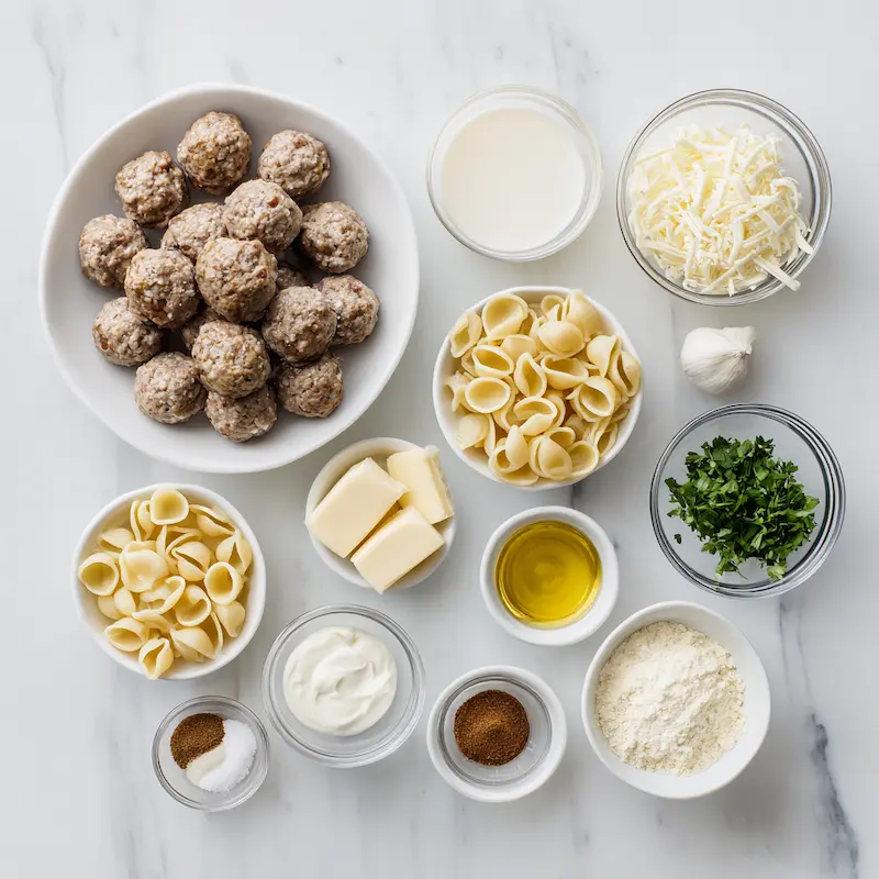 Swedish Meatball Pasta Bake ingredients