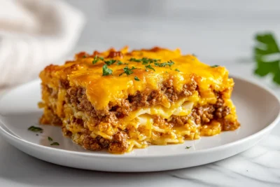 Cheesy Beef Noodle Casserole Recipe Card