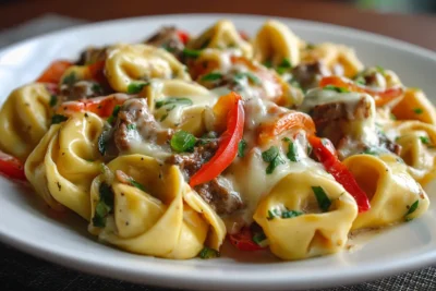 Crock Pot Cheesesteak Tortellini Recipe Card