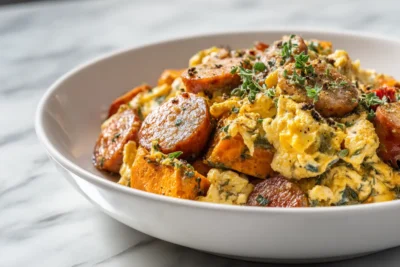 High-Protein Breakfast Bowl with Chicken Sausage & Eggs Recipe Card