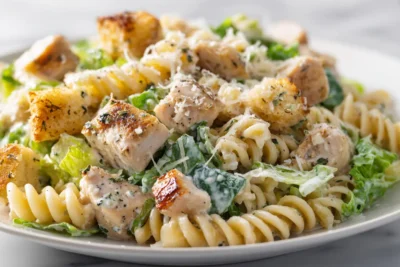 High Protein Chicken Caesar Pasta Salad Recipe Card