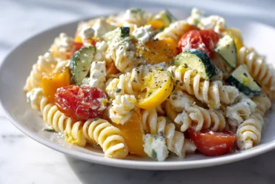 High Protein Cottage Cheese Pasta Salad Recipe Card