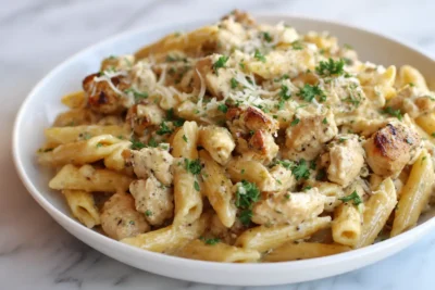High Protein Garlic Parmesan Chicken Pasta Recipe Card