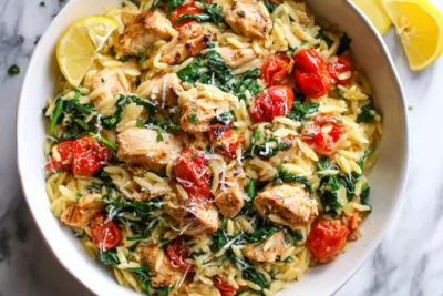 High Protein Lemon Chicken Orzo Skillet Recipe Card