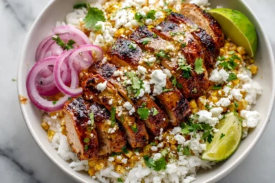 High Protein Street Corn Chicken Bowl Recipe Card