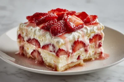 No-Bake Strawberry Cheesecake Lasagna Recipe Card