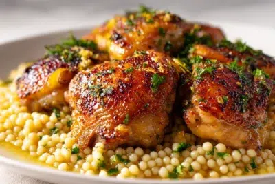 garlic lemon chicken and couscous recipe card