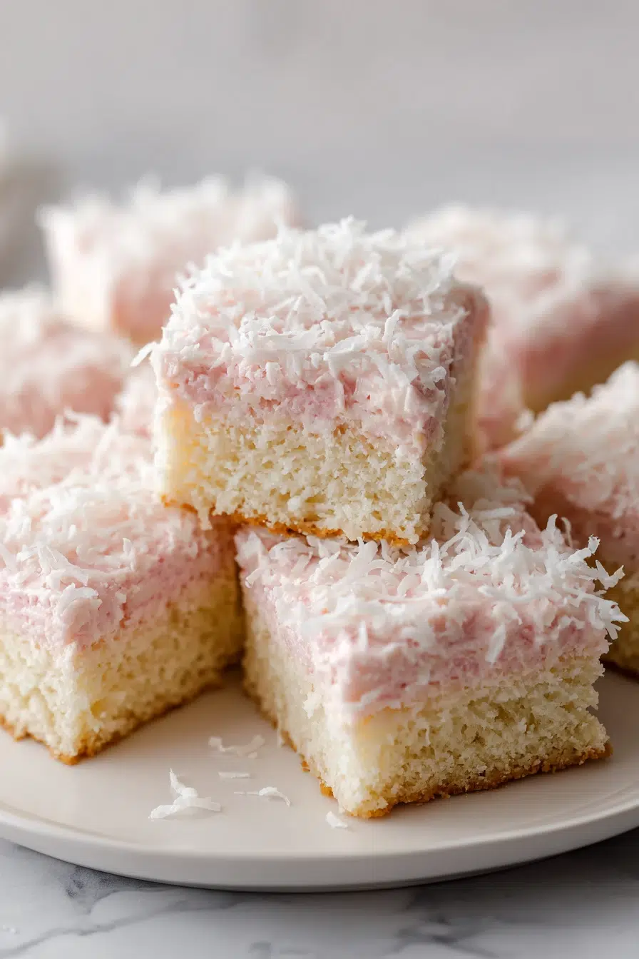 pink coconut snowball cake bars pinterest