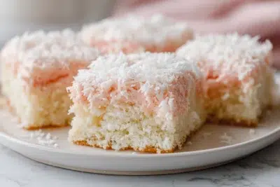 pink coconut snowball cake bars recipe card