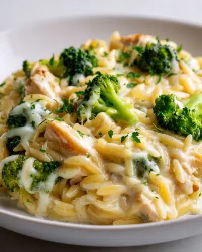 cheesy chicken broccoli orzo bake recipe card