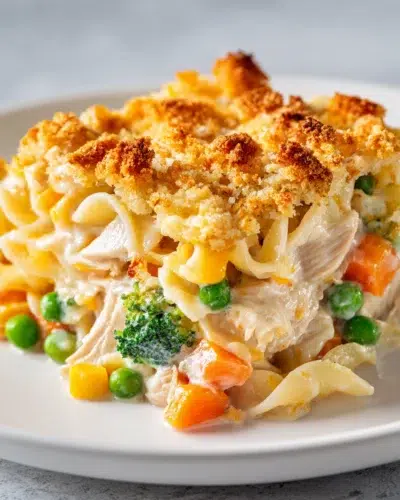 crunchy chicken noodle casserole with veggies recipe card