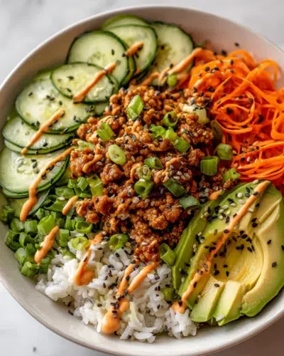 high protein ground turkey rice bowls recipe card