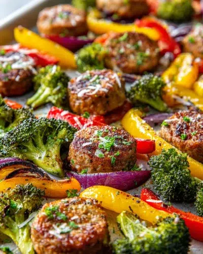keto sheet pan sausage with vegetables recipe card