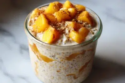peach cobbler overnight oats recipe card