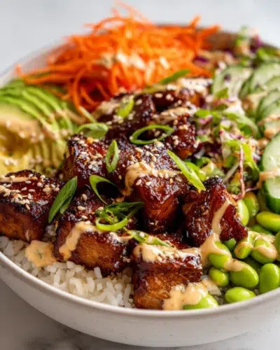 spicy salmon rice bowls recipe card