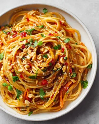 20 minute spicy thai noodles recipe card