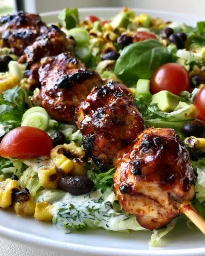 bbq chicken skewer salad recipe card