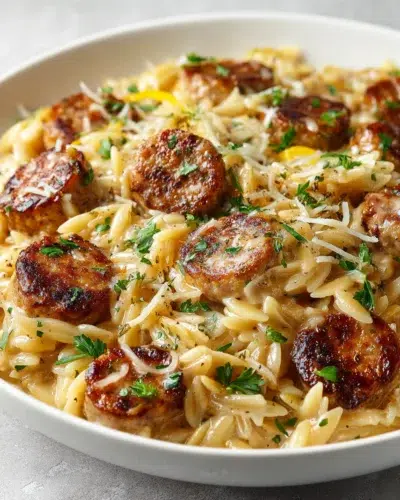 creamy chicken sausage orzo recipe card