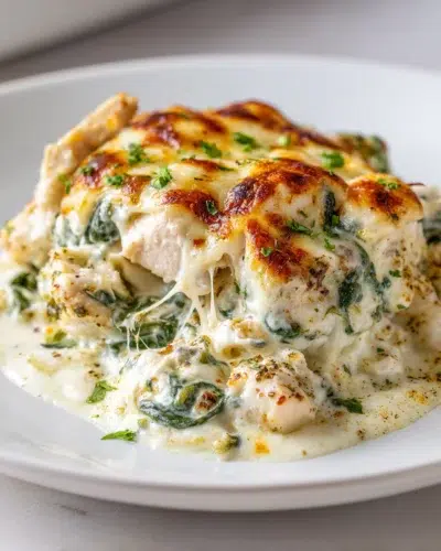 low carb chicken and spinach casserole recipe card