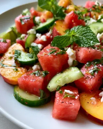 peach watermelon salad recipe card