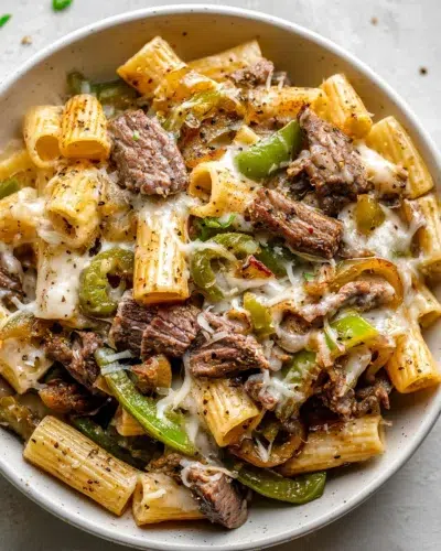 philly cheesesteak pasta recipe card
