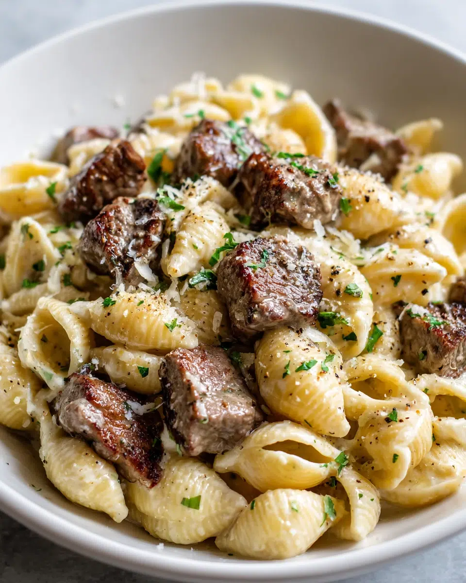 Steak Bites and Shell Pasta in Garlic Butter Alfredo Sauce