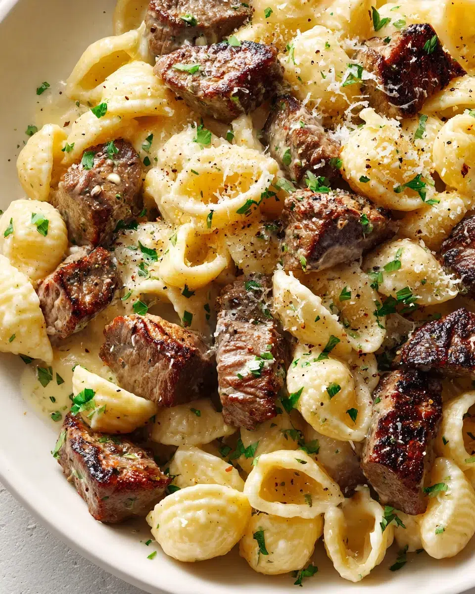 steak bites and shell pasta in garlic butter alfredo sauce pinterest 1