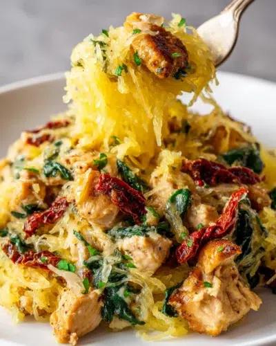tuscan chicken and spaghetti squash recipe card