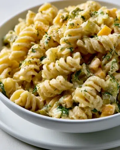 dill pickle pasta salad recipe card