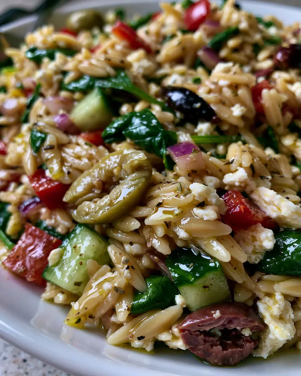 Greek Orzo Pasta Salad (Spinach, Feta & Olives)