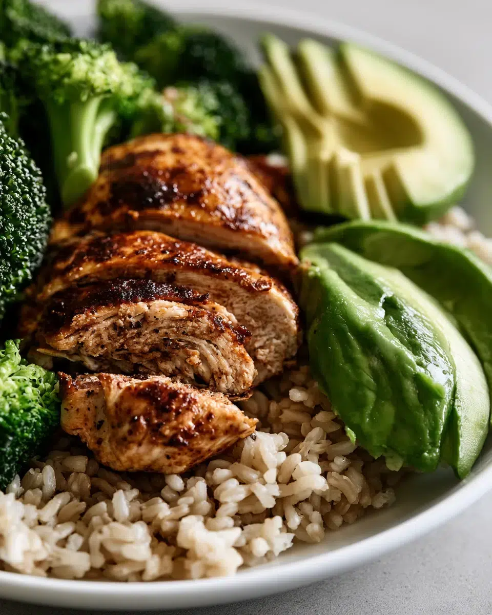 high protein chicken rice bowl with avocado broccoli ingredients